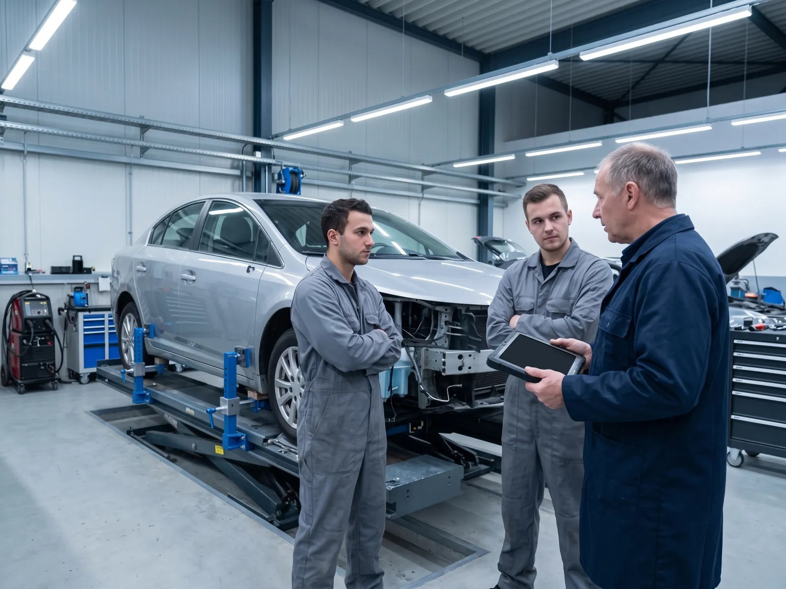 Instructor briefing two technicians beside a car mounted on a structural repair bench