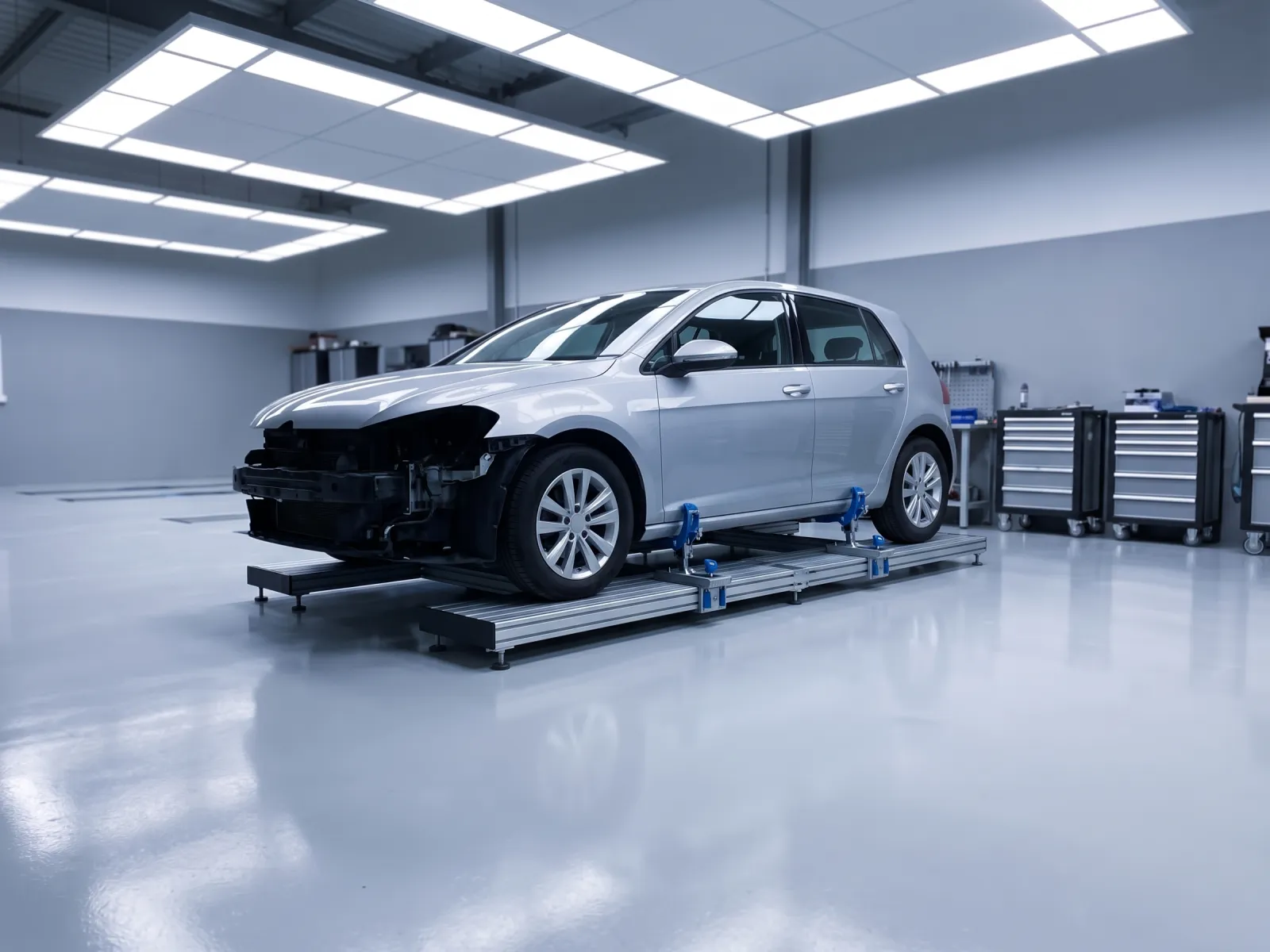 Car with front-end damage clamped on a structural repair bench in a clean body shop